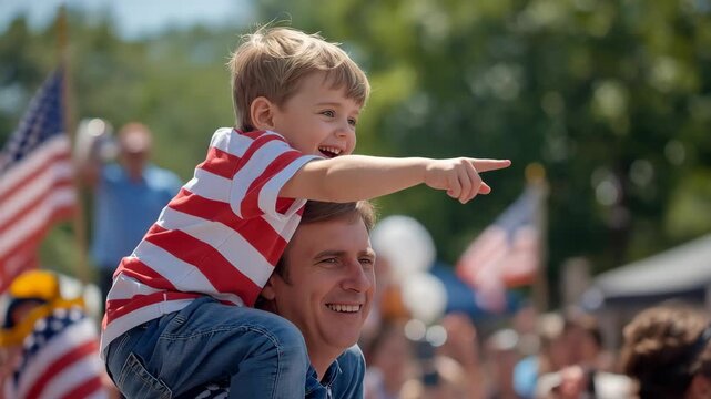 A happy young boy in a red and white striped shirt rides on his father's shoulders during an outdoor parade, pointing excitedly into the distance.