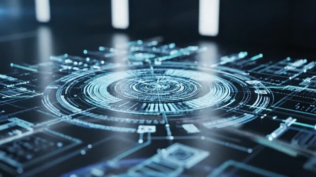 Advanced digital data cube floating in a high tech laboratory with glowing particles