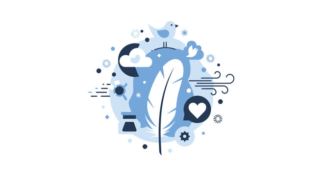Creative Writing and Poetry Concept Illustration Featuring a Feather Quill, Inkwell, Bird, and Heart Icons in a Modern Flat Blue Design