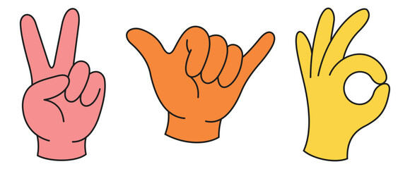 Fototapeta premium Hand gesture, mascot and character hands. Peace, hang loose and okay finger signs with outline and sticker style. Vector illustration.