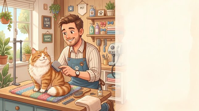 Happy man groomer using slicker brush on a fluffy ginger cat at a pet grooming salon table with copy space.
