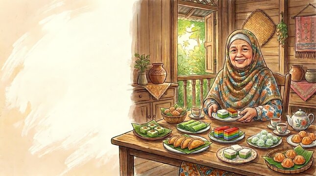 Elderly Malay woman serving traditional Malaysian kuih muih sweets on a wooden table in a rustic wooden village house.
