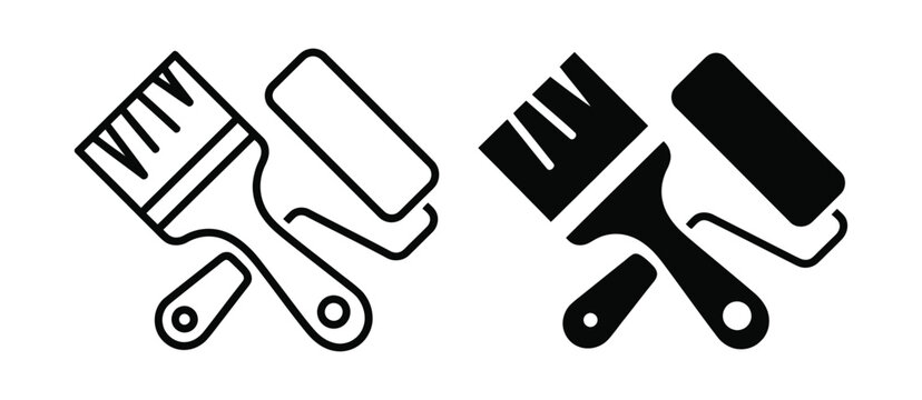 Painting Tools icon set with Brush and Roller for Renovation, wall coating, interior finishing and construction decoration tasks.