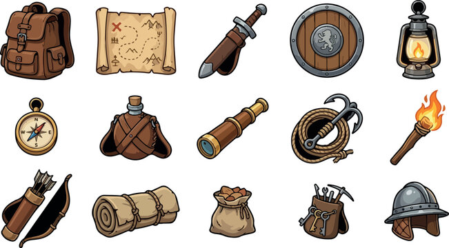 Medieval fantasy adventure equipment icons, 15 RPG game items vector set, vintage quest gear and exploration tools for tabletop gaming and UI design isolated PNG with Transparent Background