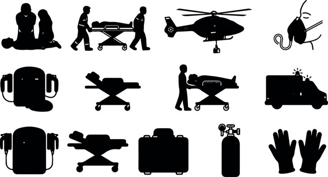 Emergency medical services silhouette icons. First aid and paramedic rescue equipment set. Ambulance, helicopter, and CPR life saving symbols. isolated PNG with Transparent Background