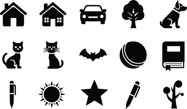 Flat icon set with house car dog cat bat ball book sun star shapes