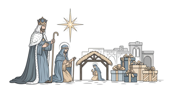 Nativity scene with three wise men and star cartoon illustration silhouette