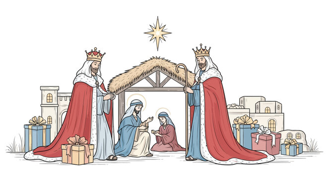 Three wise men visiting baby jesus in a stable silhouette
