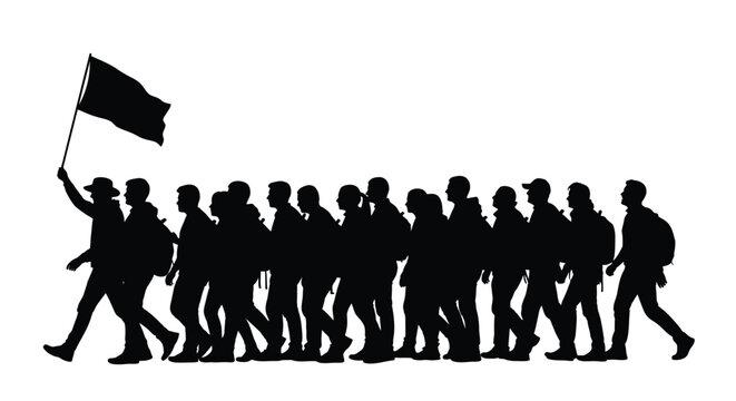 Group of people marching with flag black silhouette