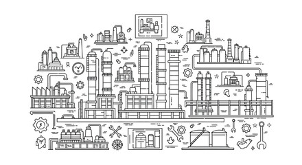 Obraz premium Industrial factory complex line art illustration silhouette