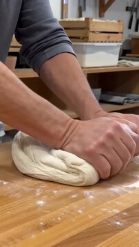 Close-up shot of an adult male baker kneading wheat dough on a floured wooden workbench in a commercial bakery kitchen.