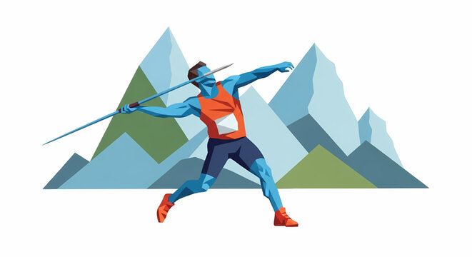 Athletic athlete throwing javelin at mountain background