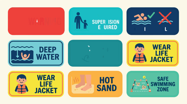 Beach safety signs collection, swimming pool warning icons set, water hazard information labels, colorful aquatic security symbols vector isolated PNG with Transparent Background
