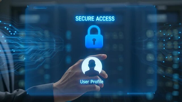 A hand touching a digital secure access screen with a login icon and padlock symbol for cyber security verification 4K video
