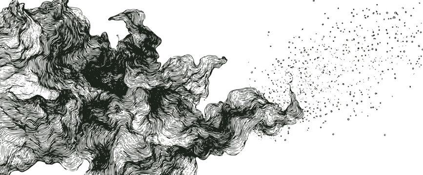Black ink smoke cloud with particles, hand-drawn line