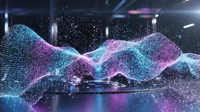 Dynamic, illuminated particle waves undulate across a shadowy, futuristic platform, reflecting shimmering colors and generating an ethereal, digital atmosphere with glowing dust motes dancing