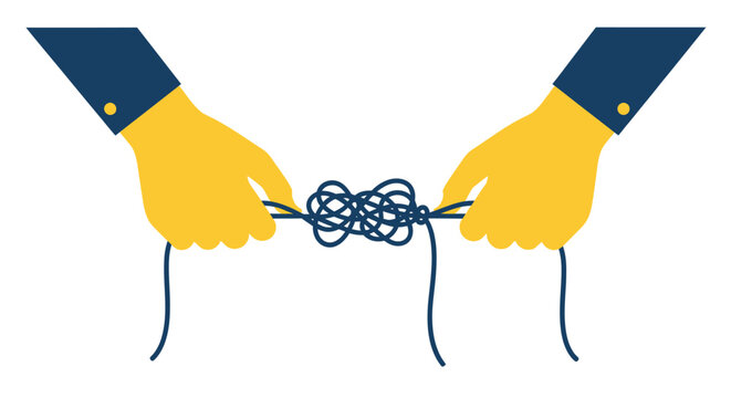 Business Hands Untangling a Complex Knot Concept, Symbolic Illustration of Problem Solving, Strategy, and Simplifying Complicated Tasks on White Background