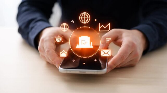 Businessman holding smartphone with digital icons floating above screen on table