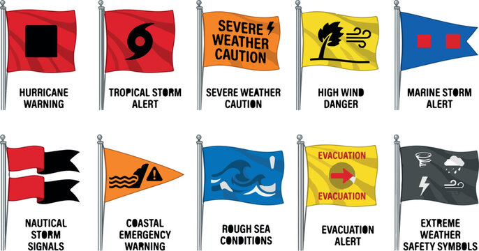 Severe weather warning flags set, hurricane and tropical storm alert symbols, 10 nautical safety icons for coastal emergency and marine evacuation isolated PNG with Transparent Background