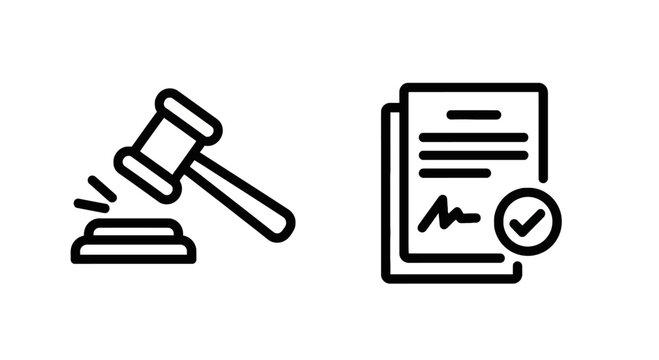 Gavel and document icon with document judgment agreement contract decision official authority illustration business consulting handshake approved