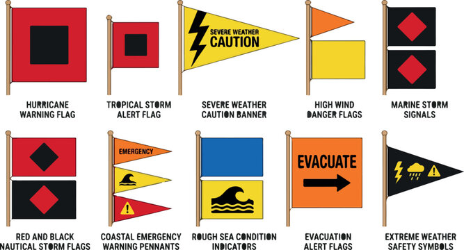 Severe weather warning flags and nautical storm signals set, hurricane alert banners and marine safety symbols, coastal emergency pennants vector isolated PNG with Transparent Background