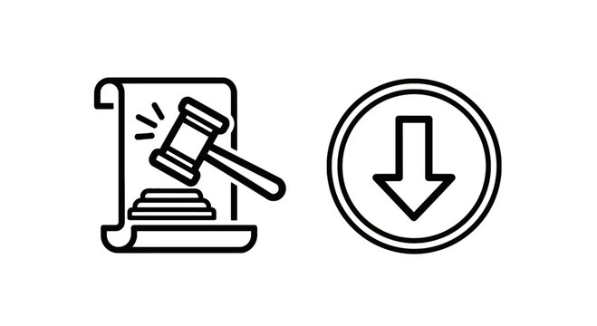 Gavel with scroll and down arrow icon reduction decrease download decision judgment regulation compliance authority document illustration business