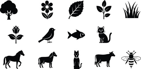 Nature plant animal insect silhouette icons collection in black style © Shahedul