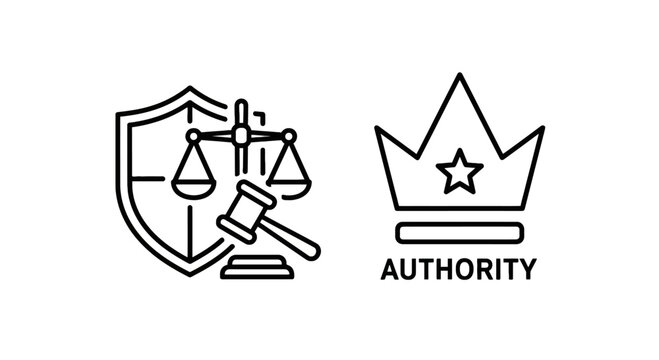 Law and authority icons: shield scales of justice gavel crown with authority government judgment fairness regulation constitution attorney compliance