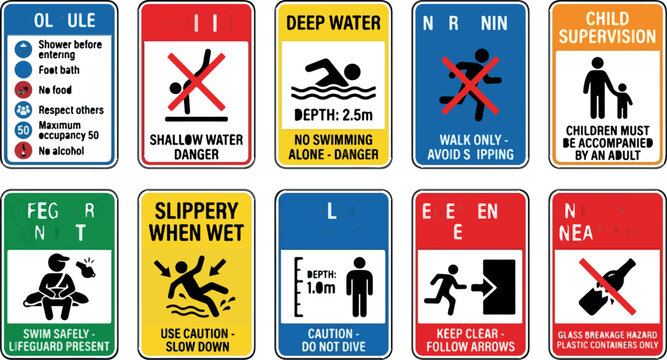 Swimming pool safety signs collection, 10 water warning placards with icons, aquatic facility rules and danger notices for public pools isolated PNG with Transparent Background