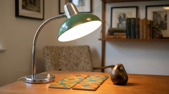 A vintage green desk lamp with a chrome base illuminates a wooden table with coasters and a decorative object, perfect for adding retro charm to any workspace.