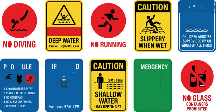 Swimming pool safety signs collection, 10 caution and warning icons for water areas, no diving and slippery when wet signage, public pool rules vector isolated PNG with Transparent Background