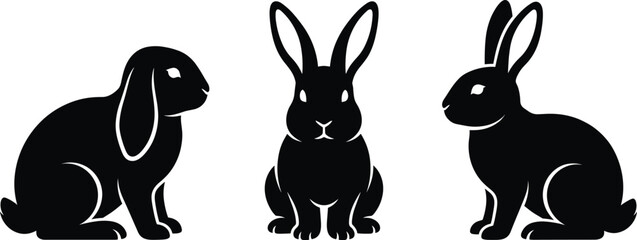 Black rabbit silhouette set featuring three different vector icons of sitting bunnies with floppy and upright ears on white background © MdMehedi