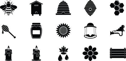 Beekeeping honey icons collection with bees hive wax products in black © Shahedul