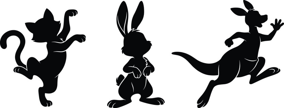 Cartoon animal silhouettes set featuring playful dancing cat standing rabbit and jumping kangaroo vector graphics isolated on white background