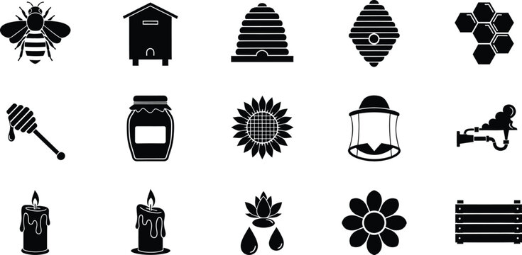 Beekeeping honey icons collection with bees hive wax products in black