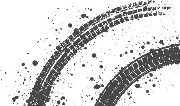 Curved tire tracks with mud splatters on white background