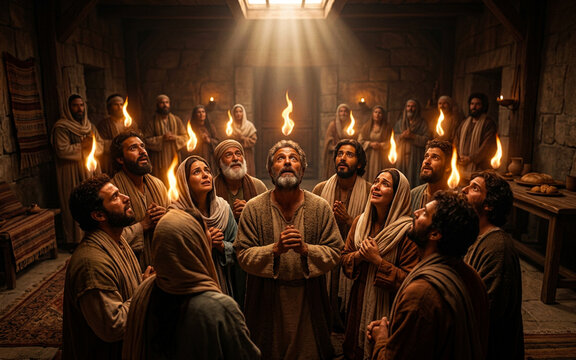 Pentecost Prayer Gathering with Tongues of Fire &ndash; Biblical Holy Spirit Christian Artwork