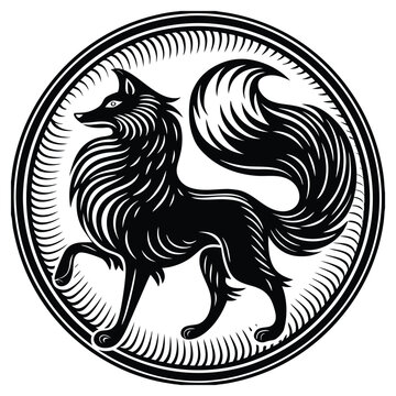 Embrace a classic mythological look with this elegant black and white fox emblem, designed inside a circular border with striking line art fur patterns and a majestic stance.