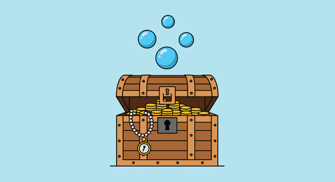 Open wooden treasure chest filled with gold coins and a pearl necklace underwater with bubbles floating above it in pixel art.