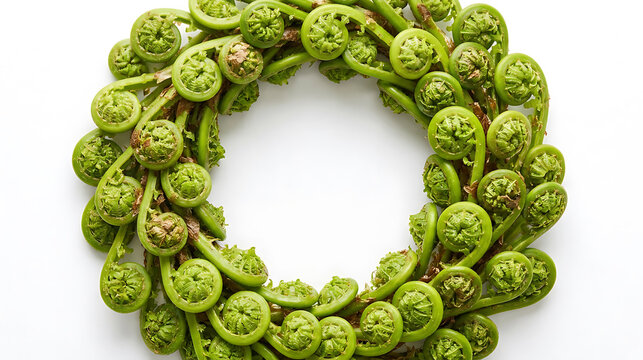 Wreath made of green fern fiddleheads arranged in a circle on a white background