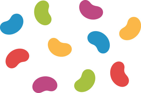 Cartoon, fruity jelly bean vector set with colorful chewy candy sweets and fruit flavors for kids party and dessert designs.