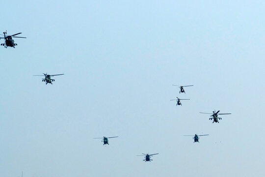 Rudra attack helicopters belonging to the Indian Army Aviation Corps flying in formation.