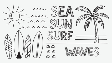 collection of hand drawn beach elements including palm trees surfboards umbrellas and waves perfect for summer themed designs © SilhouetteNest