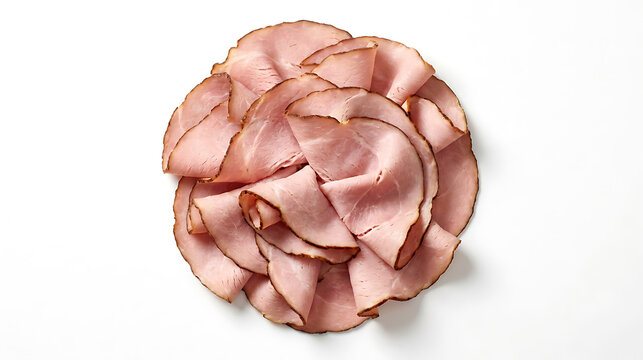 Sliced ham arranged in a circular pattern on a white background with deli meat