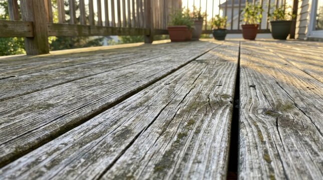 Weathered Cedar Wood Slatted Balcony Deck Surface with Natural Grain Texture and Outdoor Setting
