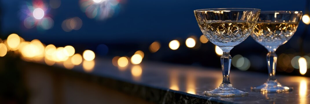 luxury event banner, create a festive panoramic banner with a focus on crystal champagne coupes and a background of string lights and fireworks ideal for event agencies, restaurants, or cultural