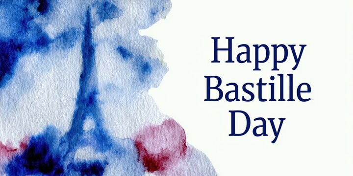 french national day postcard, french national day watercolor postcard cobalt blue, white, deep red paints form tower silhouette and happy bastille day in navy blue font on cream sky rich