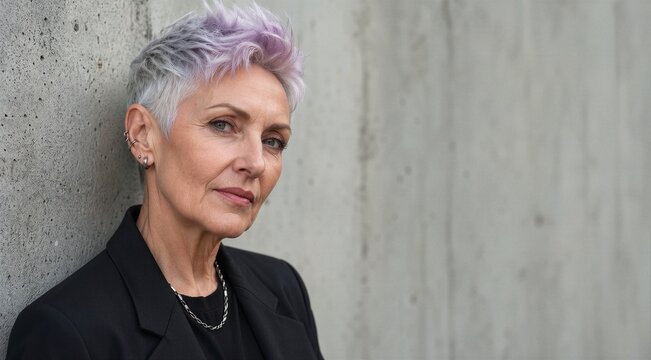 Senior woman with purple hair portrait copy space