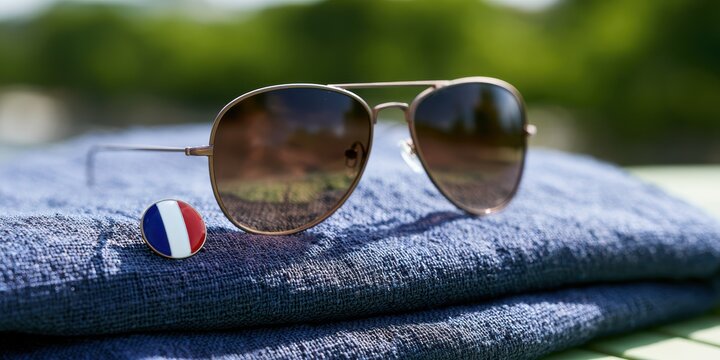 summer fashion accessories, a beach towel featuring stylish sunglasses and a french tricolor pin is set against a sunny park backdrop in this summary