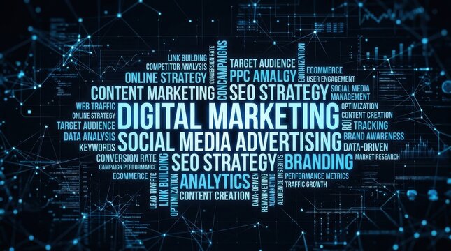 SEO business digital marketing keyword cloud for social media advertising and branding. Technology blue text cloud for online